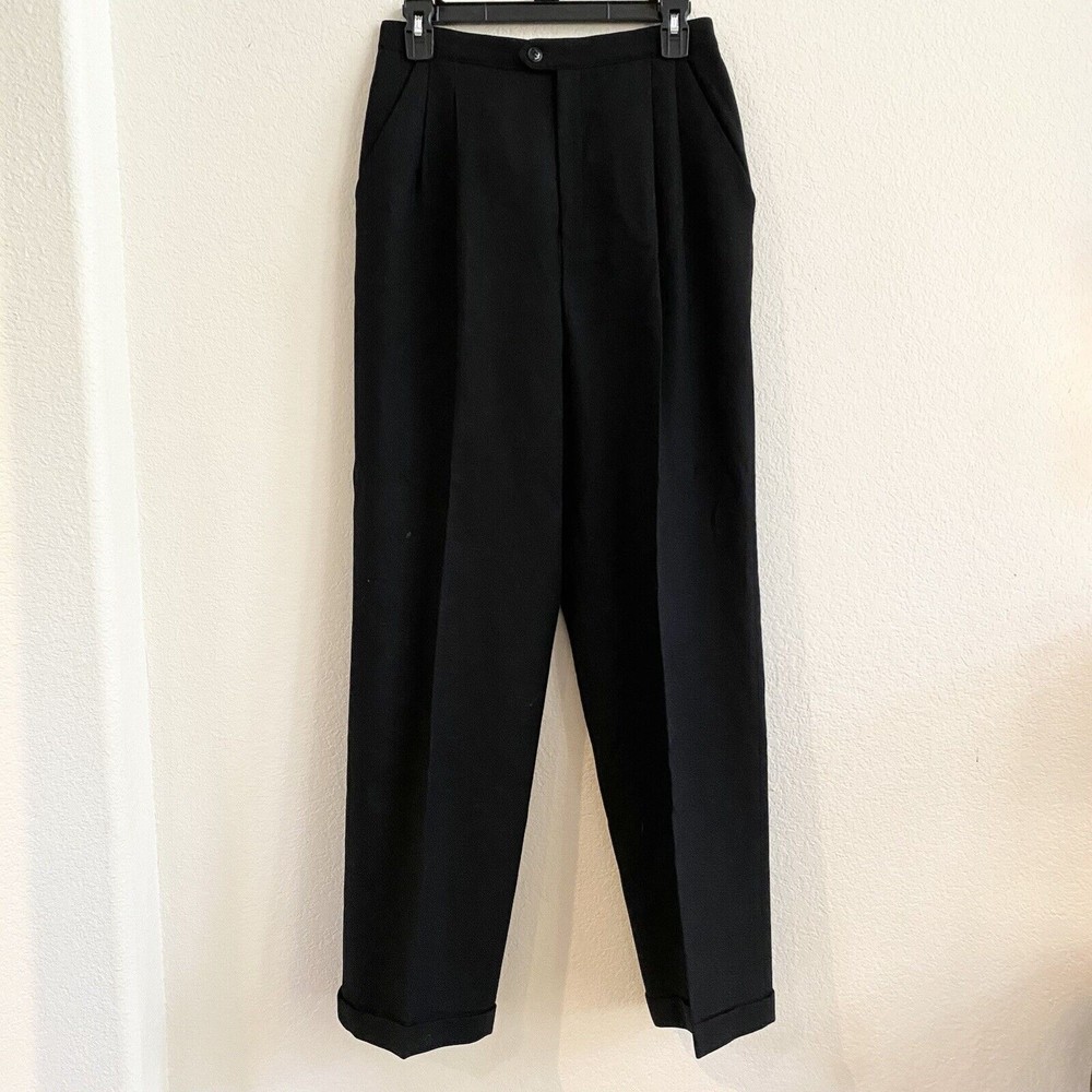 Kasper Wool Dress Pants Size 10 Dark Black Lined Career Pleated Cuffed